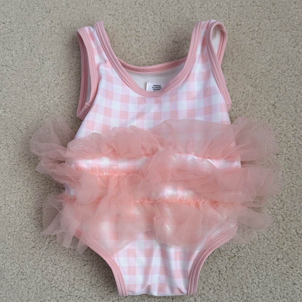Tucker + Tate Pink Gingham One-Piece Swimsuit with Tulle Ruffles size 3 months